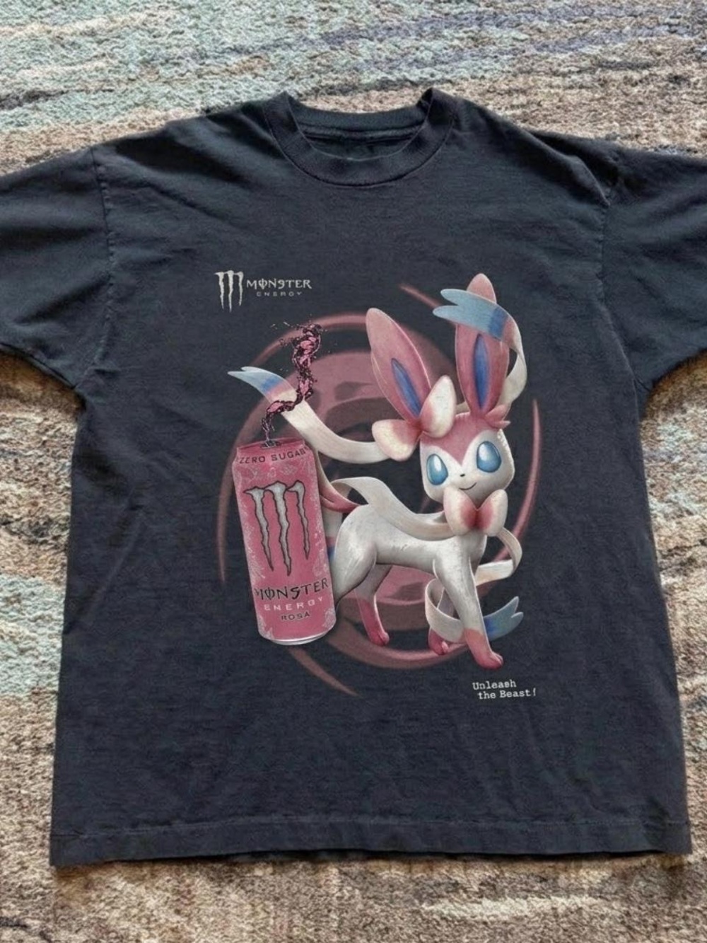 Gildan Black Graphic Tee with Pink & Blue Sylveon and Monster Can